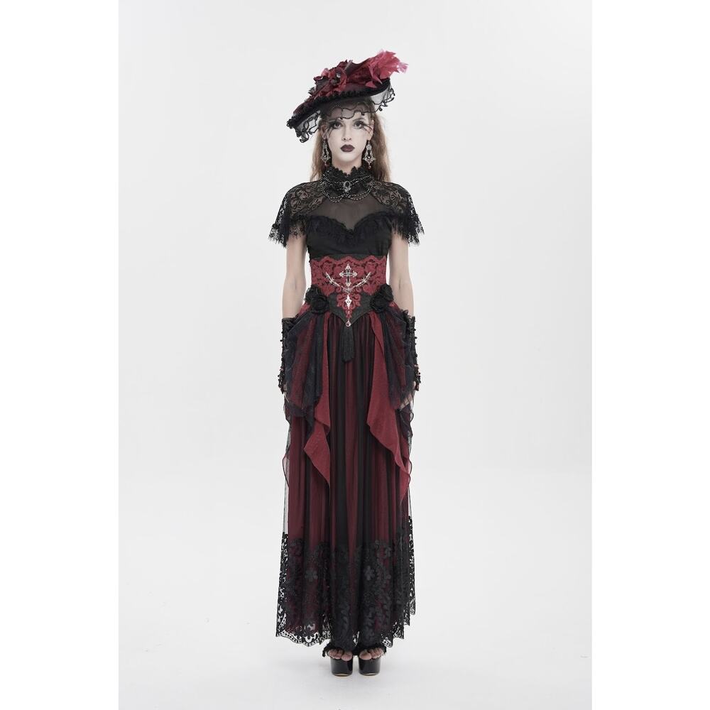 Devil Fashion Gothic Victorian Vampire Red Black Rose Cross Cincher Overskirt - Picture 10 of 13